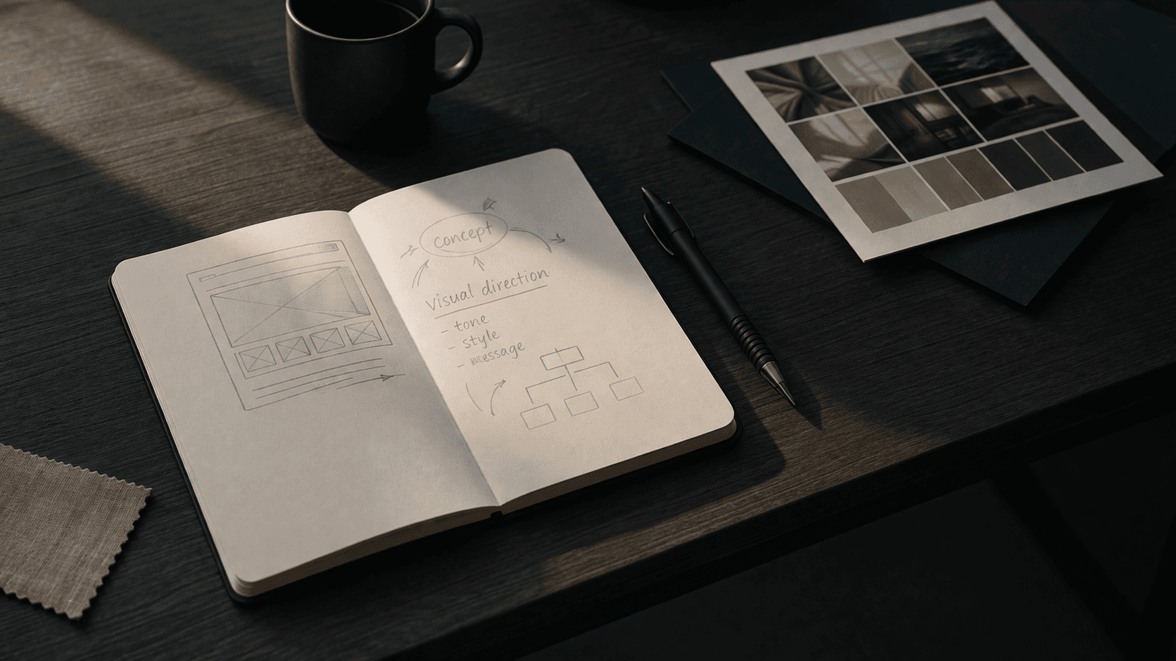 Taccuino aperto con schizzi di design, penna e tavolozza colori su una scrivania scura.