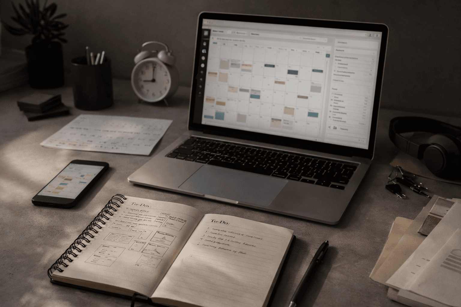 Laptop con calendario, smartphone e taccuino aperto con lista di cose da fare sulla scrivania.