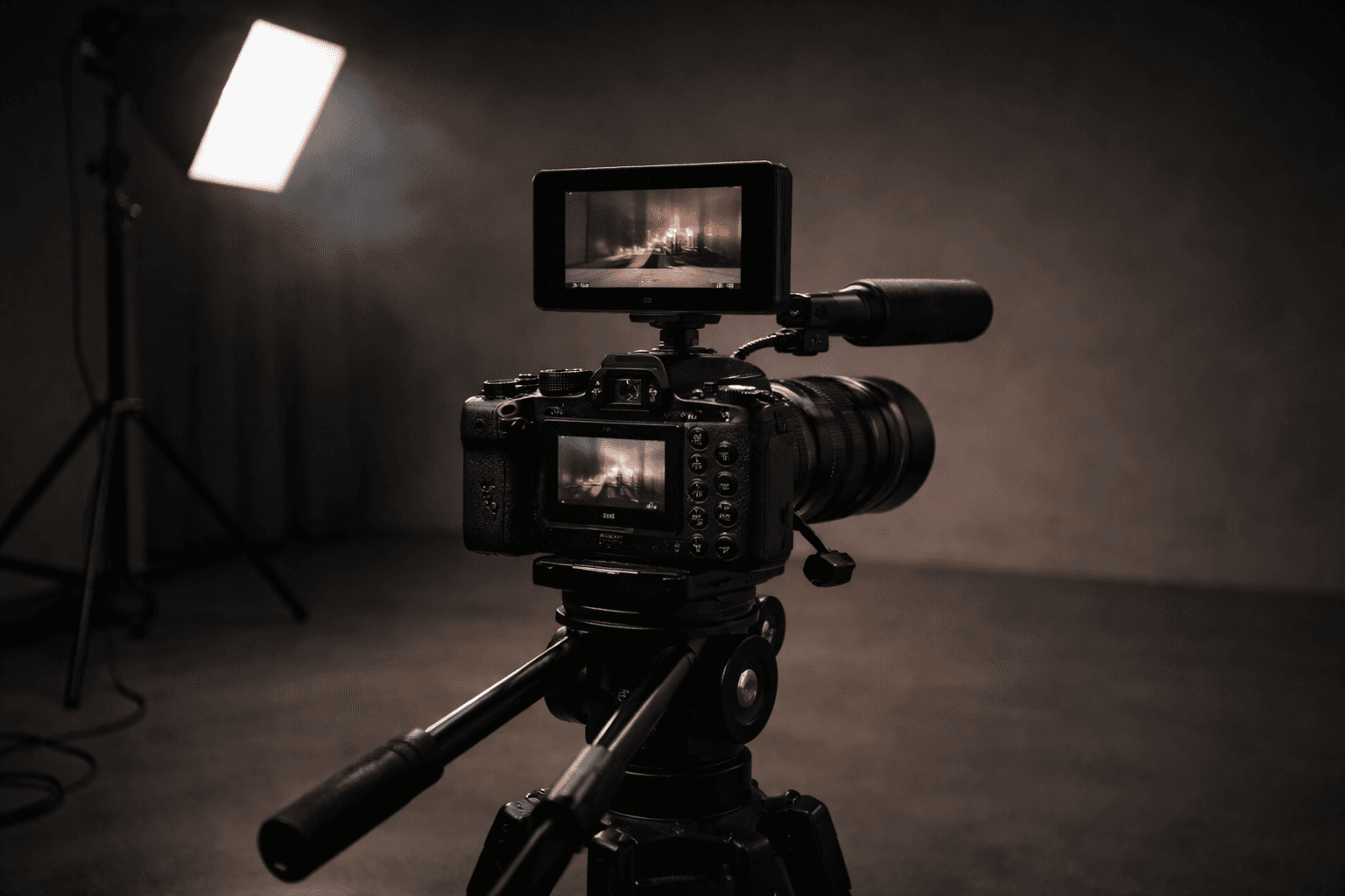 Videocamera professionale su treppiede in studio con luce softbox e monitor esterno acceso.