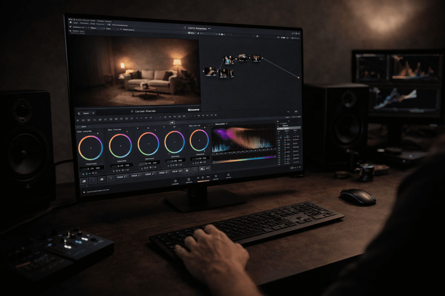 Postazione di lavoro per color grading video con monitor professionale, tastiera e altoparlanti in studio.